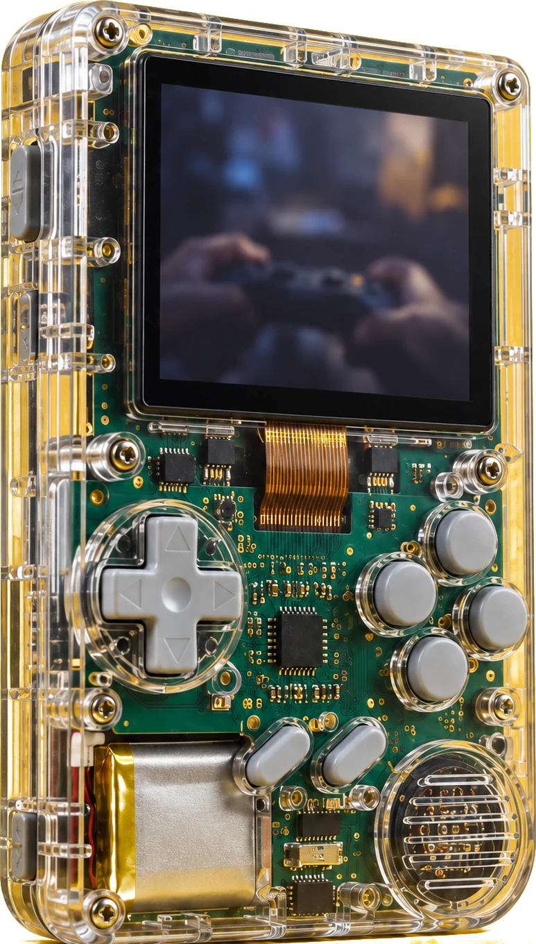 A handheld game console with a clear plastic shell, its green circuit board and grey buttons visible inside
