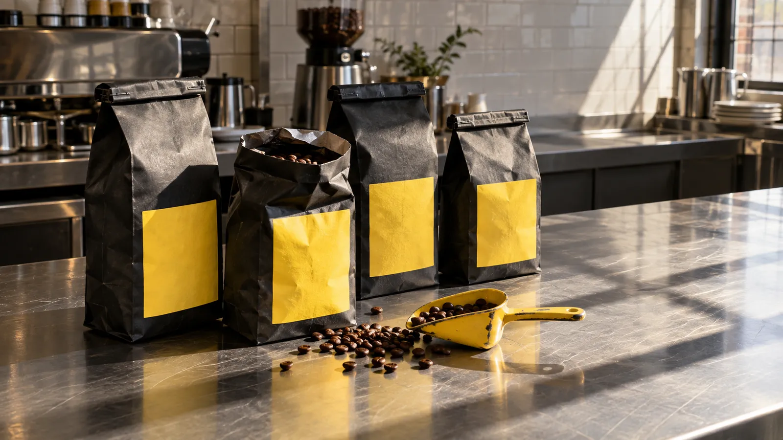 Halftone: A bag system for a roaster that changes beans every month. One black bag, one yellow label, a new stamp per lot.