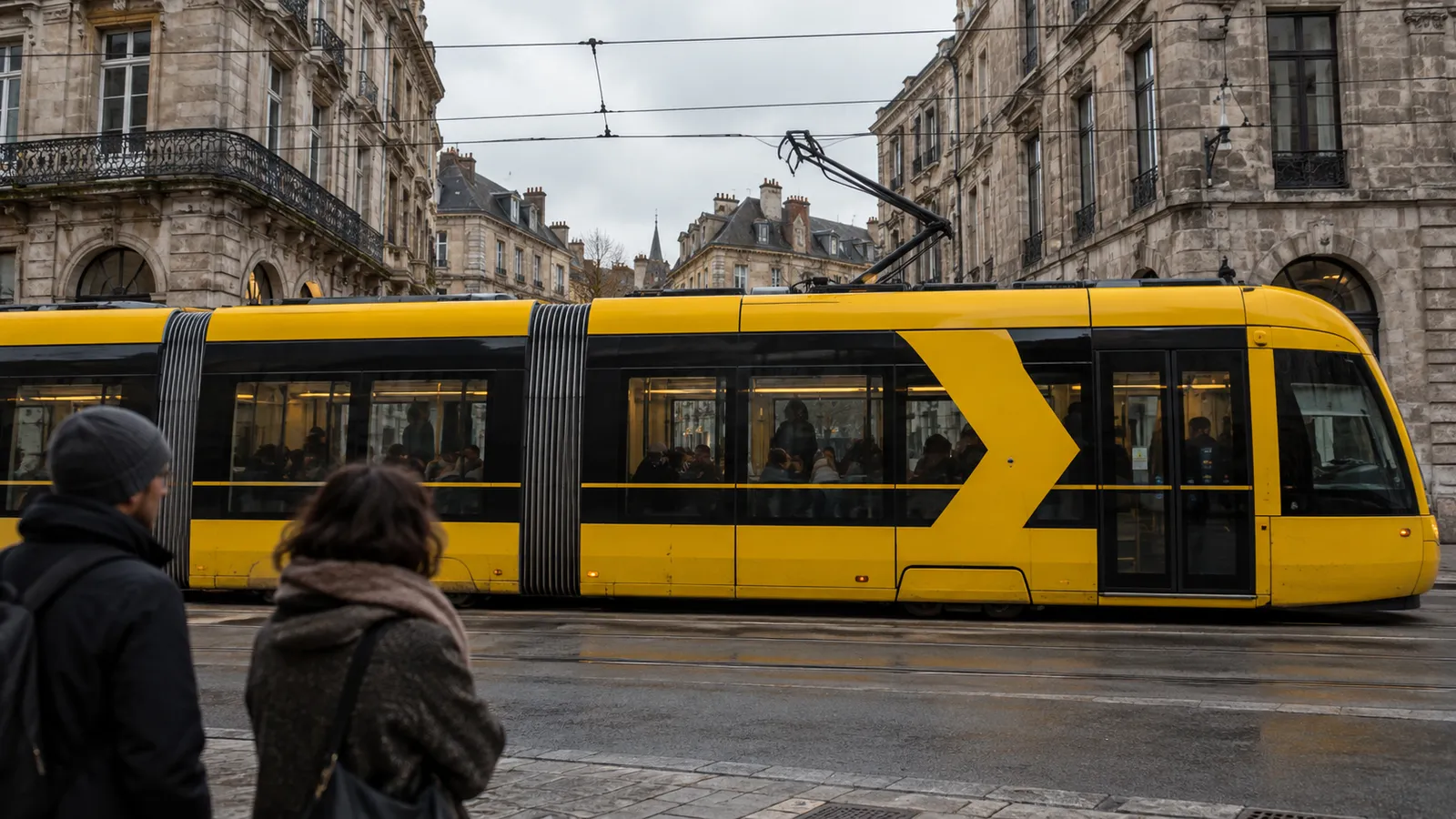 Linea 28: A tram wrap for the line that crosses the old town. Yellow so you can see it coming three stops away.