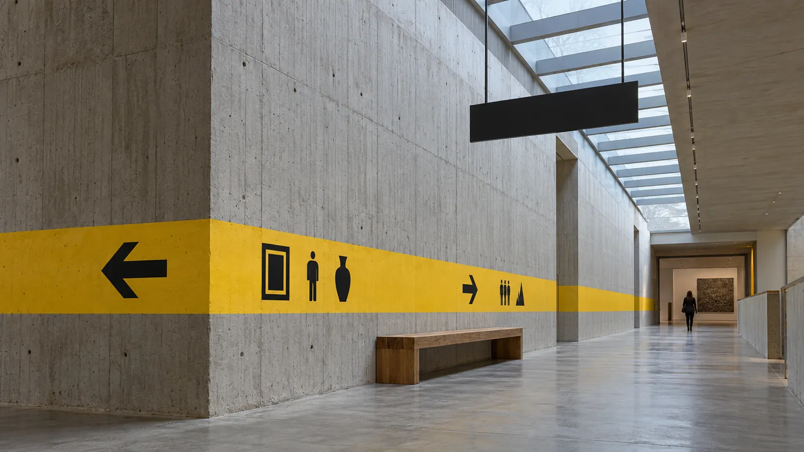 Noord: One painted band that walks you through a concrete building. Arrows, pictograms and nothing else.